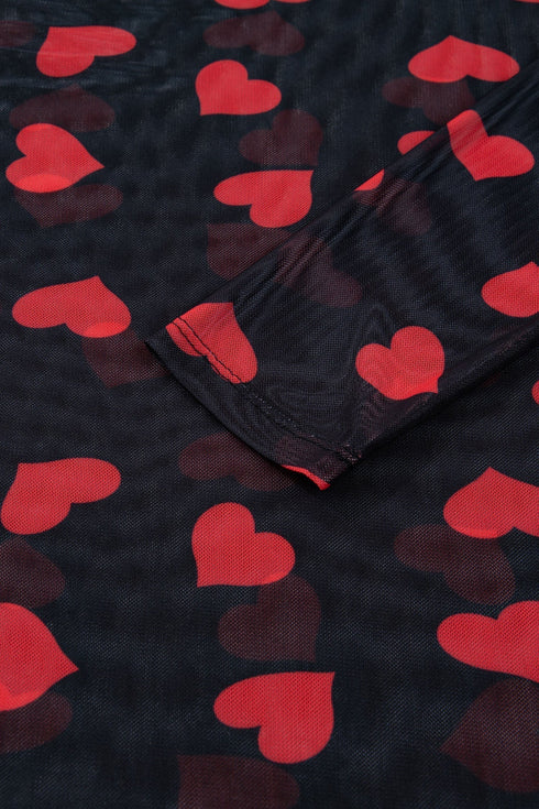Romantic Sheer Mesh Heart Print Long Sleeve Top