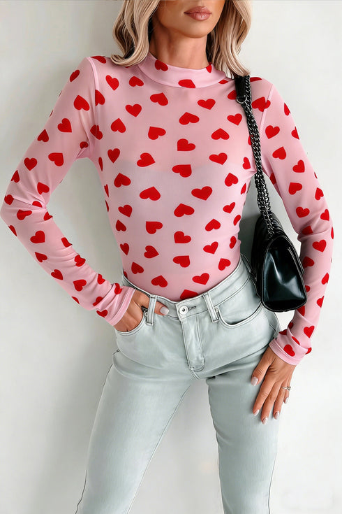 Romantic Sheer Mesh Heart Print Long Sleeve Top