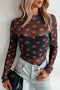 Romantic Sheer Mesh Heart Print Long Sleeve Top
