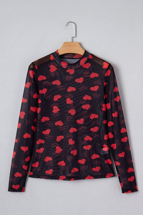 Romantic Sheer Mesh Heart Print Long Sleeve Top