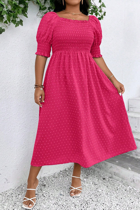 Romantic Swiss Dot Smocked Frill Neck Short Sleeve A Line Plus Size Dress