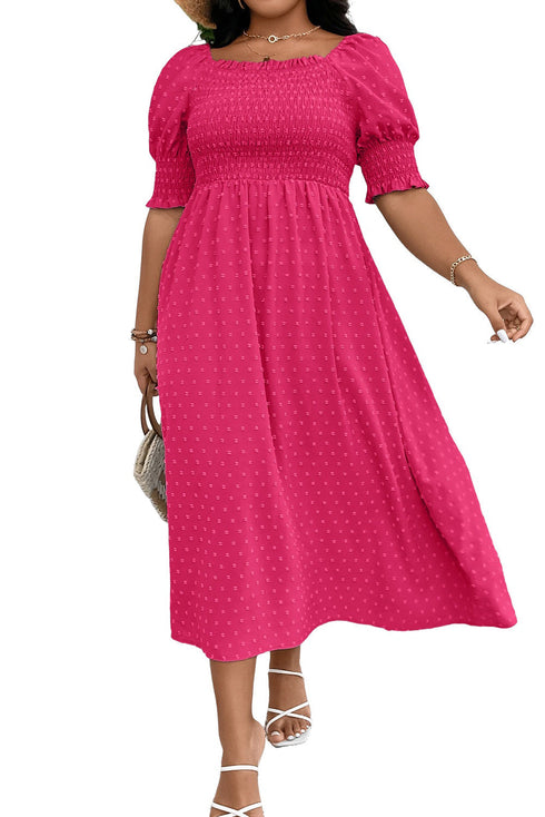 Romantic Swiss Dot Smocked Frill Neck Short Sleeve A Line Plus Size Dress