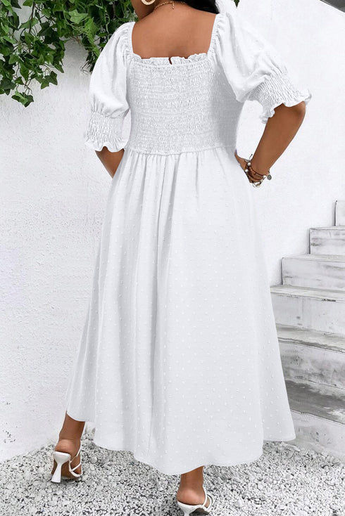 Romantic Swiss Dot Smocked Frill Neck Short Sleeve A Line Plus Size Dress