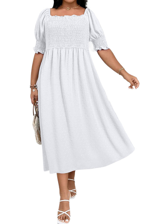 Romantic Swiss Dot Smocked Frill Neck Short Sleeve A Line Plus Size Dress