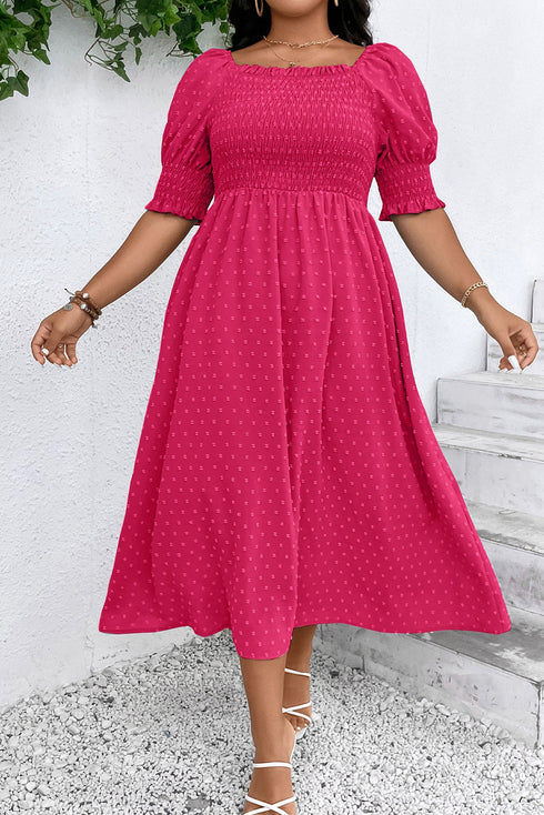 Romantic Swiss Dot Smocked Frill Neck Short Sleeve A Line Plus Size Dress