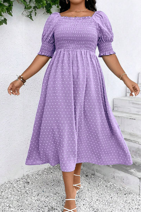 Romantic Swiss Dot Smocked Frill Neck Short Sleeve A Line Plus Size Dress
