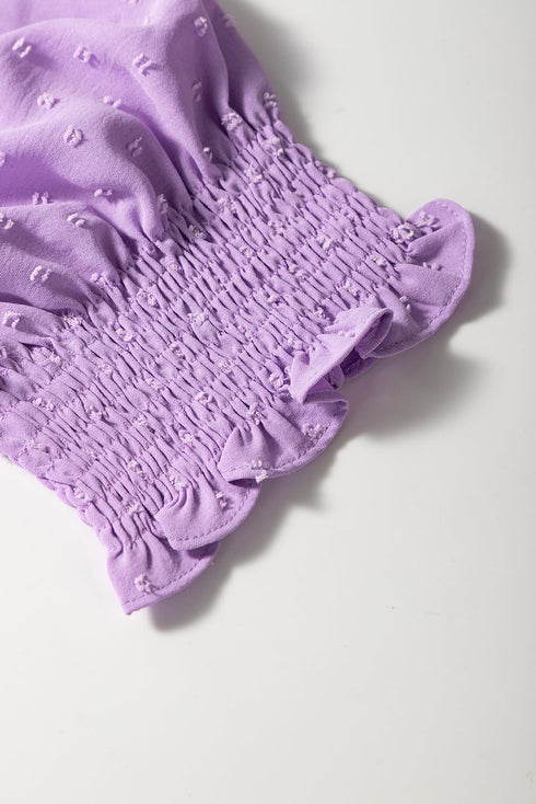 Romantic Swiss Dot Smocked Frill Neck Short Sleeve A Line Plus Size Dress