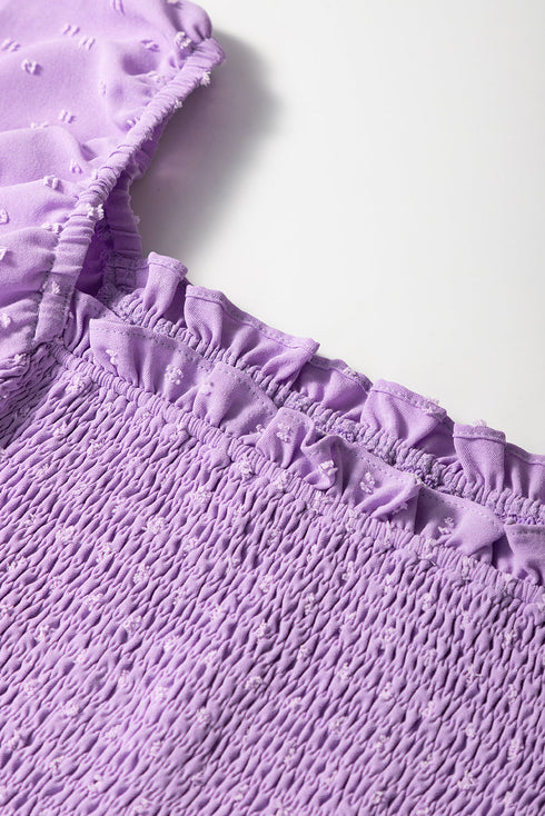 Romantic Swiss Dot Smocked Frill Neck Short Sleeve A Line Plus Size Dress