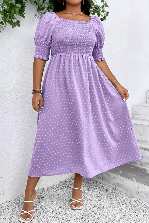 Romantic Swiss Dot Smocked Frill Neck Short Sleeve A Line Plus Size Dress
