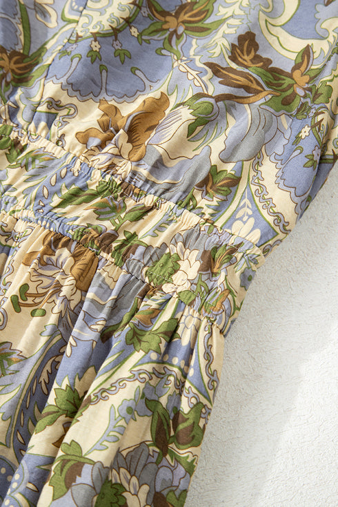 Romantic Vintage Paisley Print Puff Sleeve Cinched Waist A-Line Midi Dress