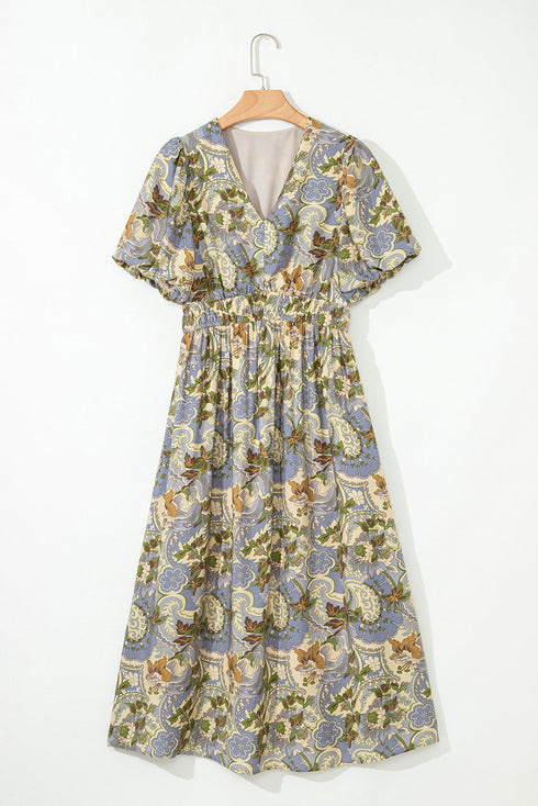 Romantic Vintage Paisley Print Puff Sleeve Cinched Waist A-Line Midi Dress
