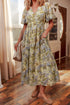 Romantic Vintage Paisley Print Puff Sleeve Cinched Waist A-Line Midi Dress