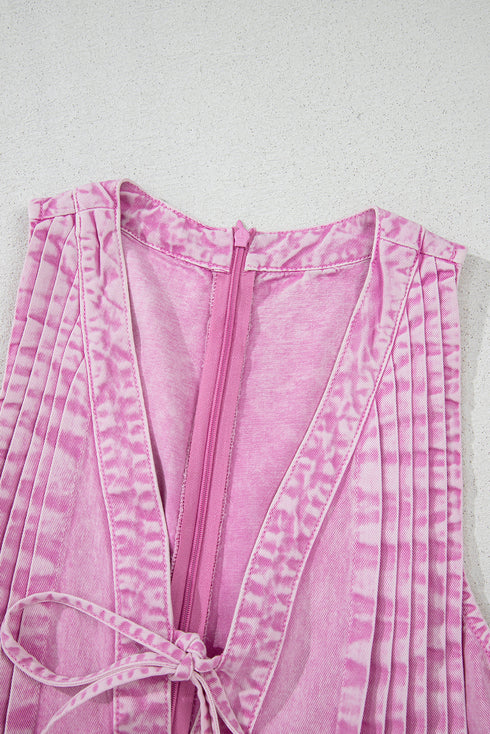 Romantic Washed Denim Bow Front Wide Leg Romper