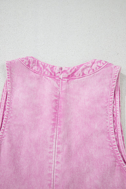 Romantic Washed Denim Bow Front Wide Leg Romper