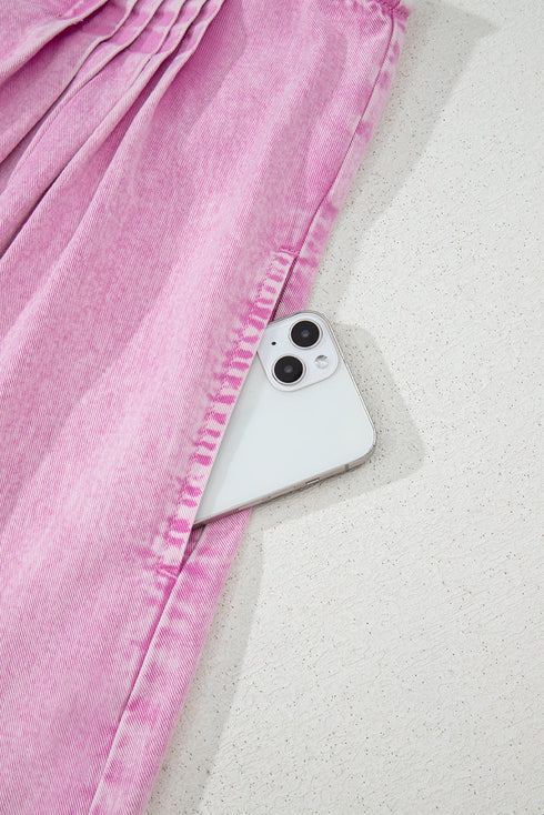 Romantic Washed Denim Bow Front Wide Leg Romper