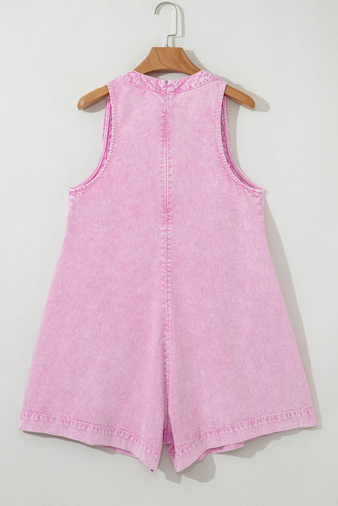 Romantic Washed Denim Bow Front Wide Leg Romper