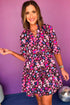 Rose Abstract Print V Neck Collared Half Sleeve Short Dress