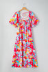 Rose Abstract Printed Puff Sleeve Square Neck Smocked Bust Tied Back Plus Size Dress