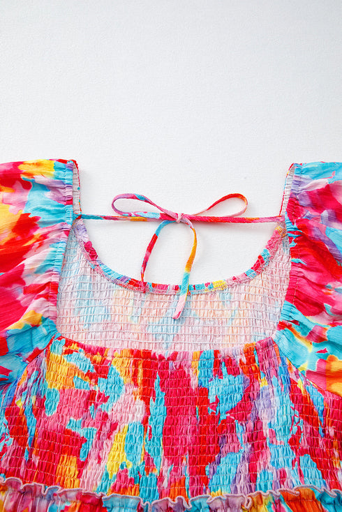 Rose Abstract Printed Puff Sleeve Square Neck Smocked Bust Tied Back Plus Size Dress