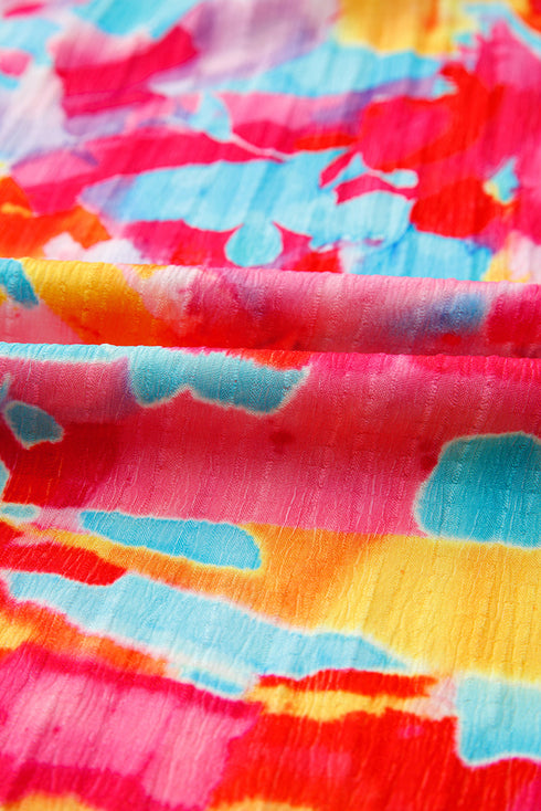 Rose Abstract Printed Puff Sleeve Square Neck Smocked Bust Tied Back Plus Size Dress