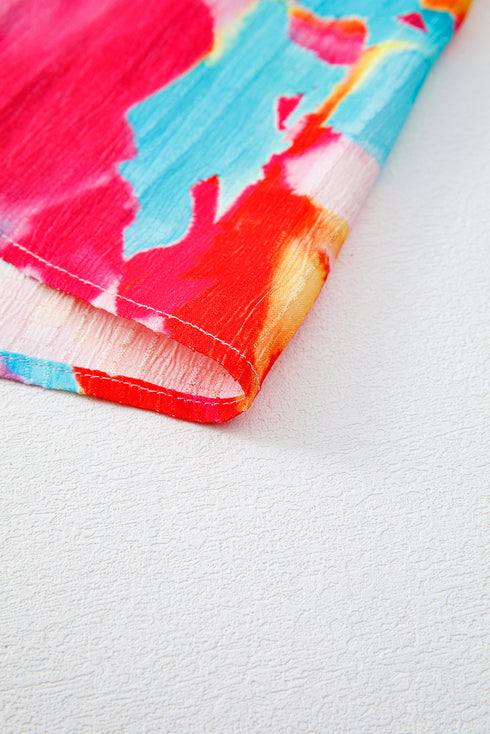 Rose Abstract Printed Puff Sleeve Square Neck Smocked Bust Tied Back Plus Size Dress