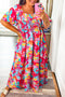 Rose Abstract Printed Puff Sleeve Square Neck Smocked Bust Tied Back Plus Size Dress