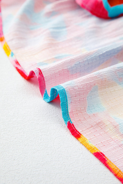 Rose Abstract Printed Puff Sleeve Square Neck Smocked Bust Tied Back Plus Size Dress