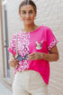 Rose Easter Rabbit Leopard Color Block Crewneck T Shirt