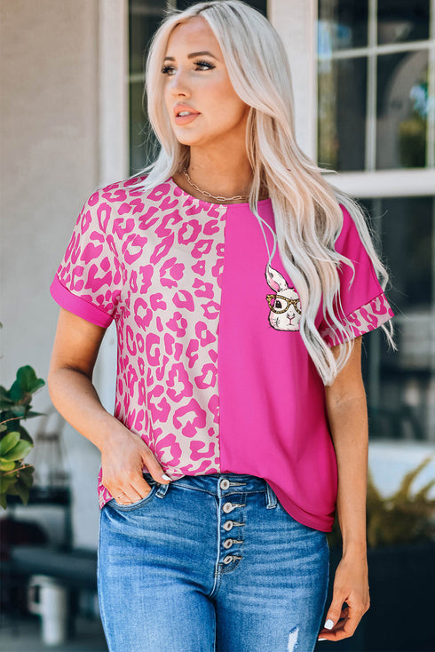 Rose Easter Rabbit Leopard Color Block Crewneck T Shirt