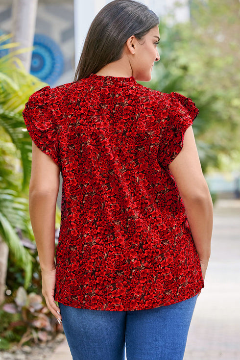 Rose Floral Print Ruffle Sleeve Plus Size Shift Top