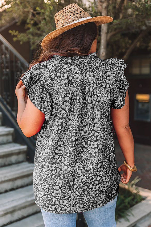 Rose Floral Print Ruffle Sleeve Plus Size Shift Top