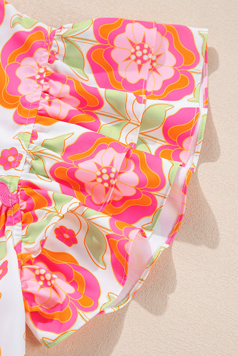 Rose Floral Ruffled Sleeve Ric-rac Trim Split Neck Loose Blouse