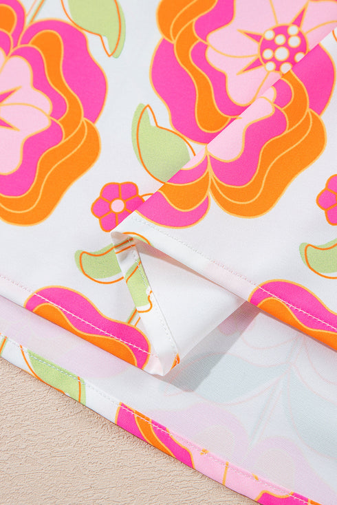 Rose Floral Ruffled Sleeve Ric-rac Trim Split Neck Loose Blouse