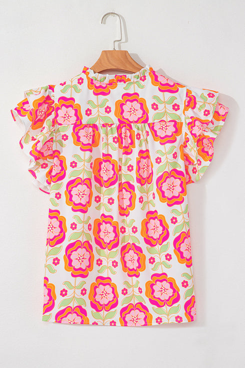 Rose Floral Ruffled Sleeve Ric-rac Trim Split Neck Loose Blouse