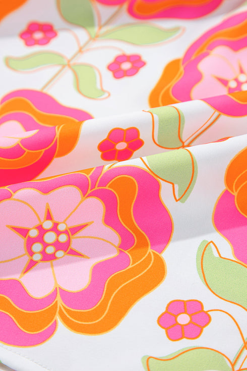 Rose Floral Ruffled Sleeve Ric-rac Trim Split Neck Loose Blouse