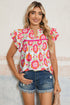 Rose Floral Ruffled Sleeve Ric-rac Trim Split Neck Loose Blouse