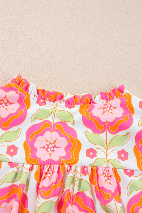 Rose Floral Ruffled Sleeve Ric-rac Trim Split Neck Loose Blouse