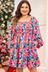 Rose Flower Print Smocked Square Neck Plus Size Dress