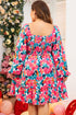 Rose Flower Print Smocked Square Neck Plus Size Dress