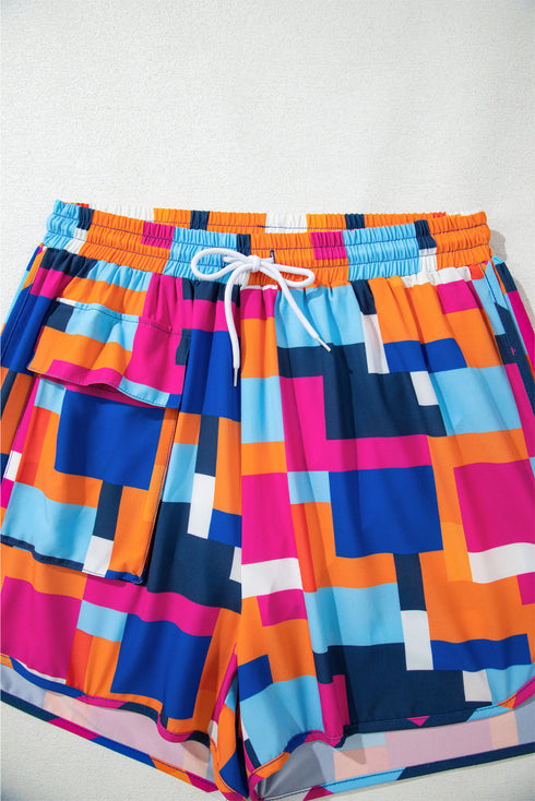 Rose Geometric Printed Drawstring Waist Beach Shorts with Pockets