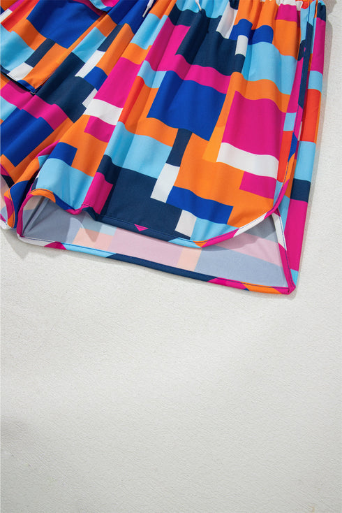 Rose Geometric Printed Drawstring Waist Beach Shorts with Pockets