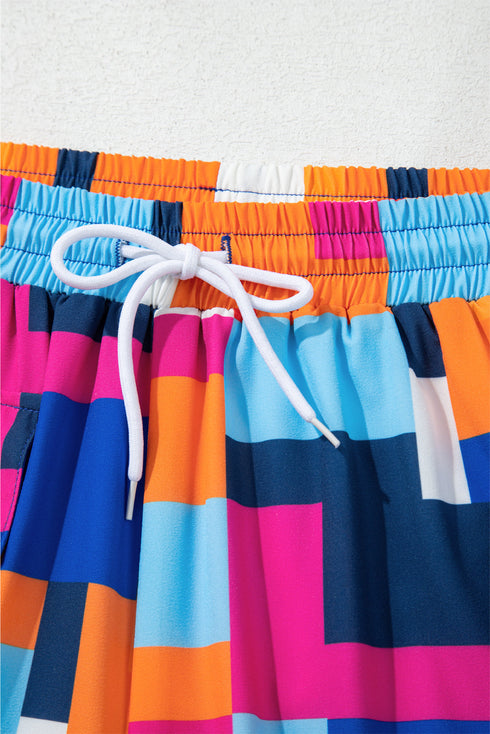 Rose Geometric Printed Drawstring Waist Beach Shorts with Pockets