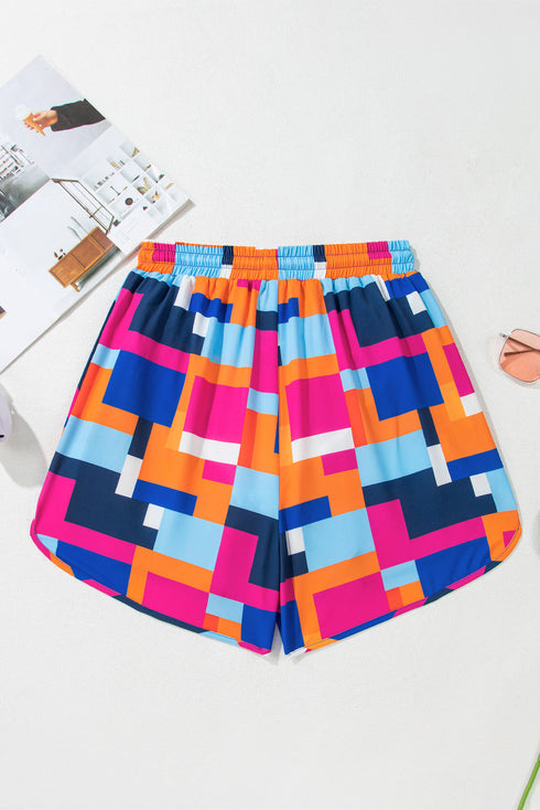 Rose Geometric Printed Drawstring Waist Beach Shorts with Pockets