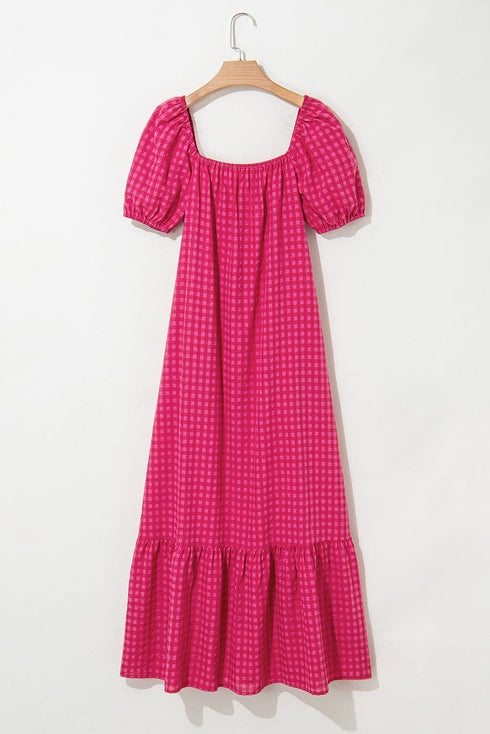 Rose Ginham Check Bubble Sleeve Ruffled Maxi Dress