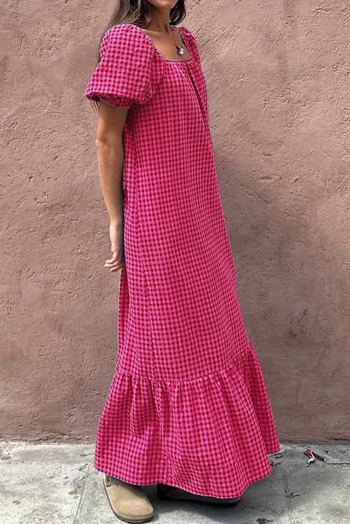 Rose Ginham Check Bubble Sleeve Ruffled Maxi Dress