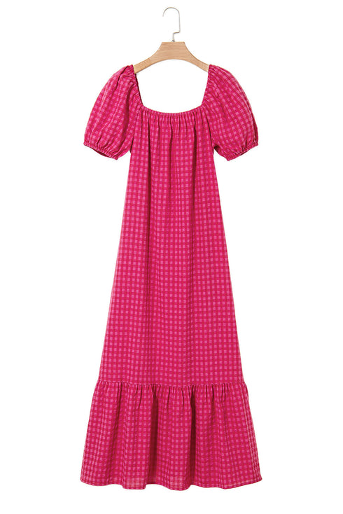 Rose Ginham Check Bubble Sleeve Ruffled Maxi Dress