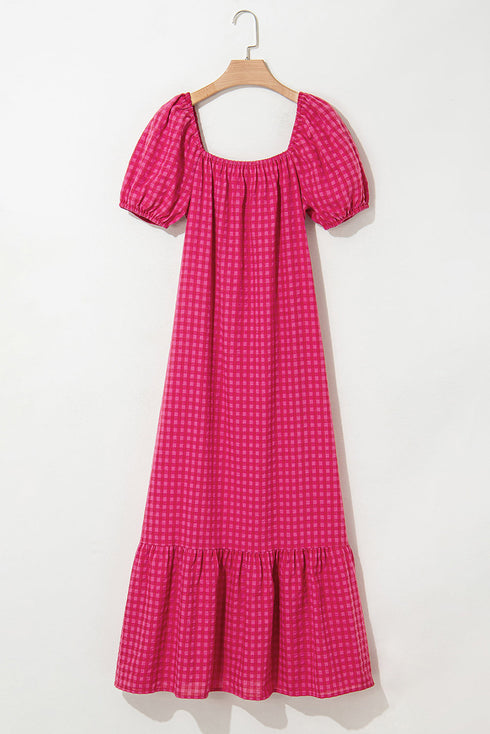Rose Ginham Check Bubble Sleeve Ruffled Maxi Dress