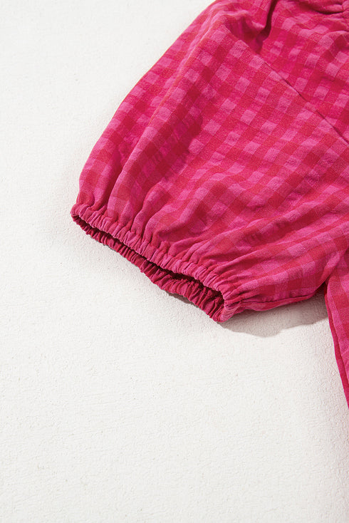 Rose Ginham Check Bubble Sleeve Ruffled Maxi Dress