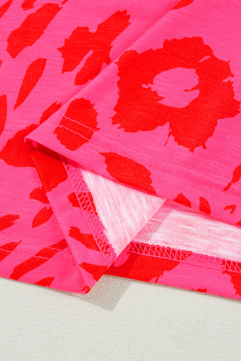 Rose Leopard Frilly V Neck Short Sleeve Blouse