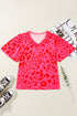 Rose Leopard Frilly V Neck Short Sleeve Blouse